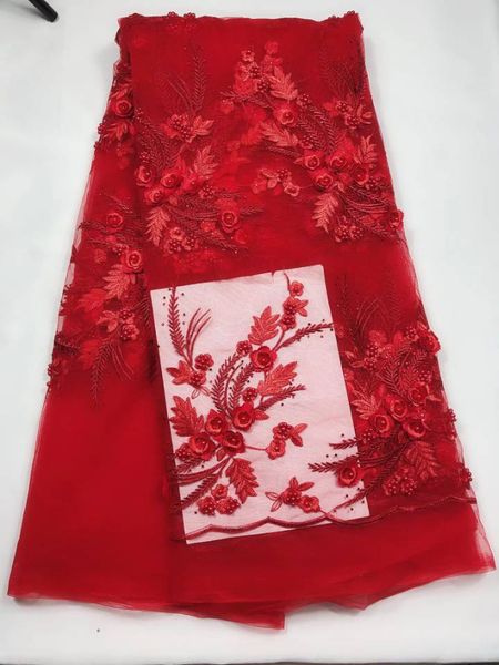 

5yards/pc grade red french net lace fabric with beads and flower embroidery african mesh lace for dress qn91-6