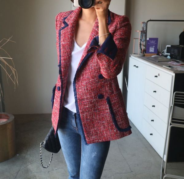 

women lapel casual tassel casual coat vintage double-breasted blazer suit female solid outwear, White;black