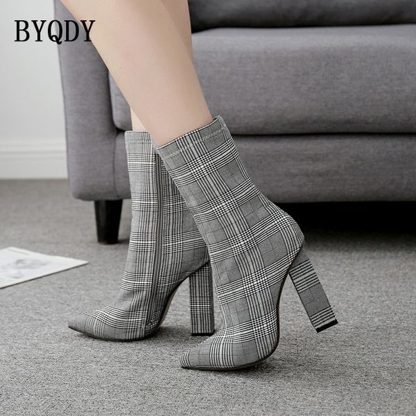 

byqdy cotton fabric woman boots plaid ankle boots pointed toe square high heels winter autumn shoes side zipper short 42, Black