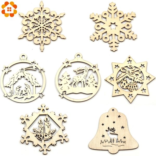 

10pcs multi shape style hollow wooden christmas pendant decoration for xmas tree kids gifts supplies