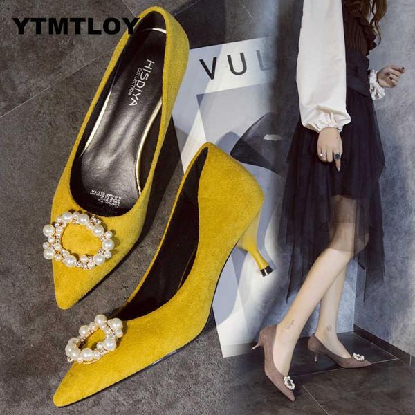 

buckle pearl summer women shoes pointed toe pumps suede leisure dress high heels wedding tenis feminino zapatillas mujer square, Black