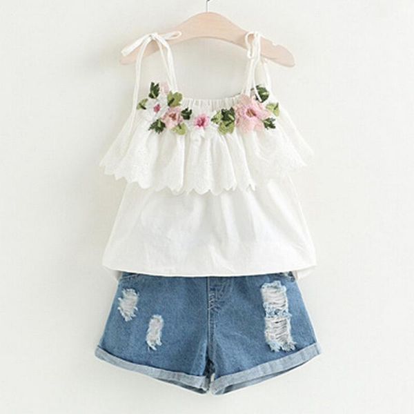 

summer short baby girls clothes 2pcs sets toddler kids baby girl outfits clothes embroidery t-shirt+denim shorts jeans set 2020, White