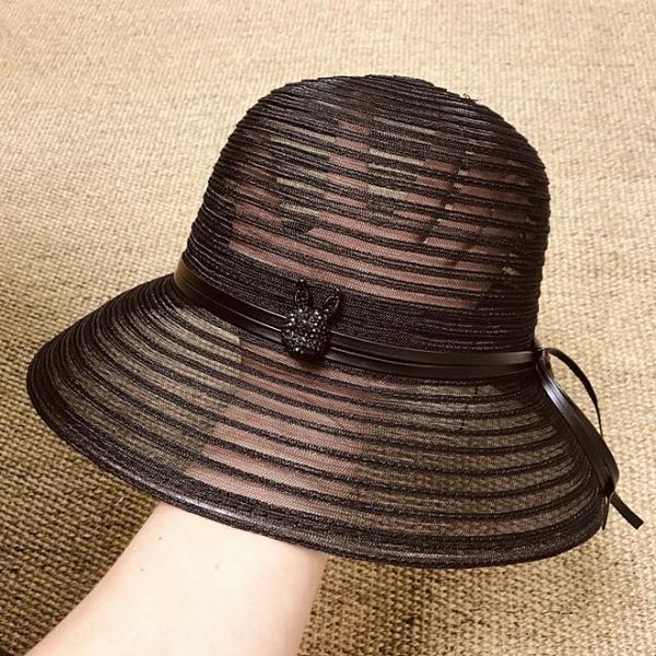 

yqiki elegant metal bucket bucket straw fisherman rabbit leather rope mesh breathable fisherman hat for vacation sunshade straw hat women&#0, Blue;gray