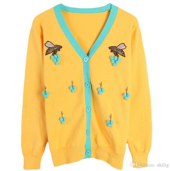 

women's knit cardigan early autumn new women's contrast stripe bee embroidery v-neck long sleeve loosethin size s-l, White;black