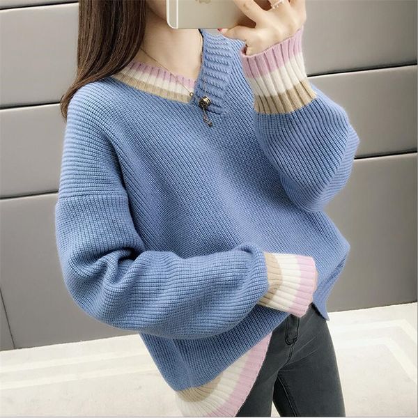 

v-neck sweater female loose 2019 spring new style wind thick wool outside wearing bottoming sweater office lady, White;black