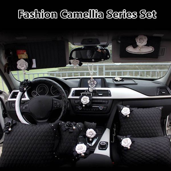 

camellia flower car steering wheel cover neck headrest pillows waist support auto sun visor tissue bag box seatbelt accessories