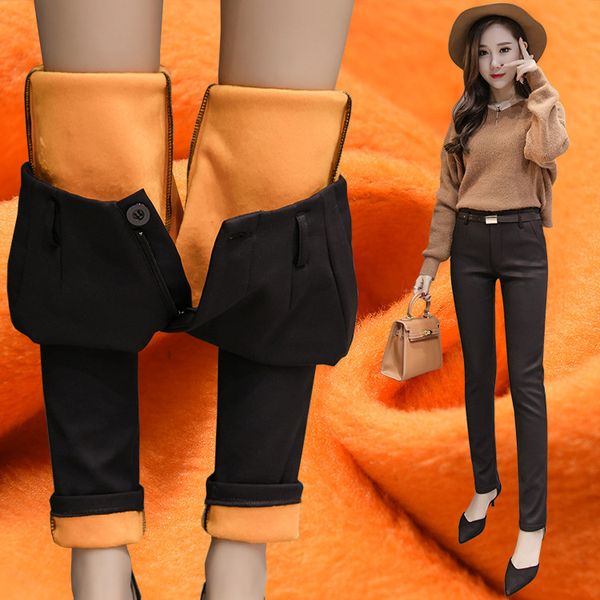 

winter suit pants women's trousers slimming black and white with pattern business golden fleece casual pants women's thick skinn, Black;white