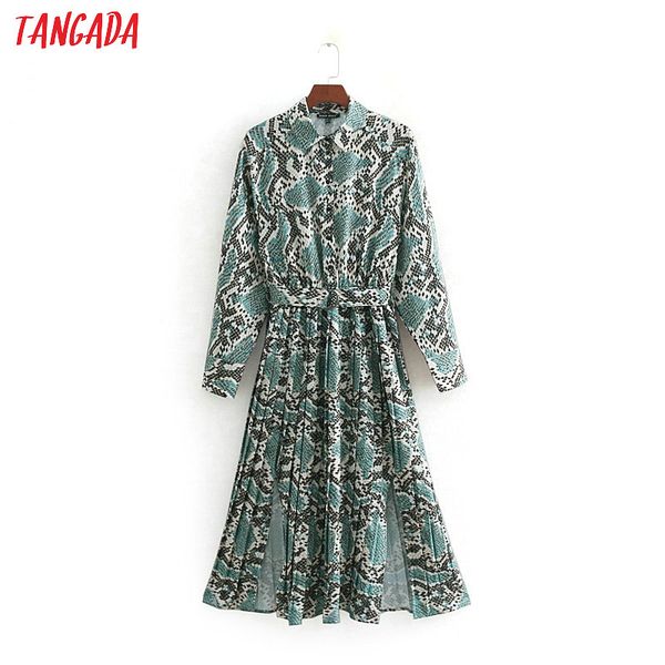 

tangada women green shirt dress snake print vintage lady side open 2020 belt dress cozy female midi vestidos cc414, Black;gray
