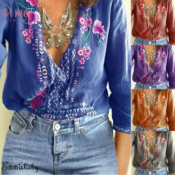 

v neck new women ladies fashion casual summer blouse baggy floral printed v neck blouse party clubwear, White
