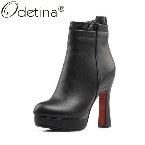 

odetina women fashion side zipper round toe crystal winter ankle boots lady platform block extreme high heel slip on short boots, Black