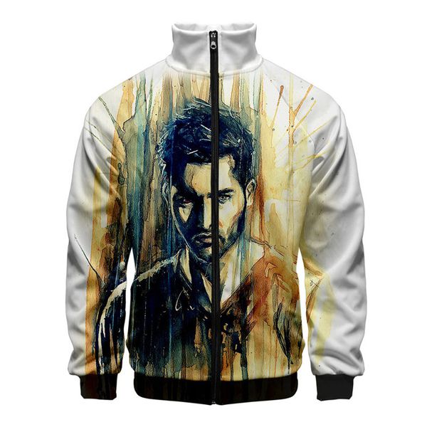 

derekhale 3d print stand collar pocket jackets zipper double sided printing long sleeve casual mens coat, Black;brown