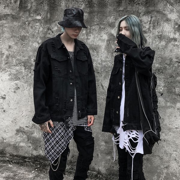 

men's hip hop denim jackets oversized black ripped jeans jackets spring autumn coat for male loose casual streetwear fashion, Black;brown
