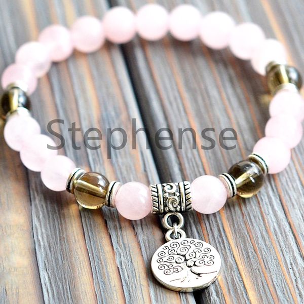 MG0641 Vendita calda Bracciale al quarzo rosa Un braccialetto energetico al quarzo fumé di grado Albero della vita Bracciale Yoga Mala