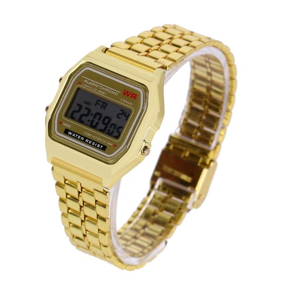 

2018 vintage led digital watch steel strap quartz wristband golden wrist watch for men women sports traveling gifts, Slivery;brown