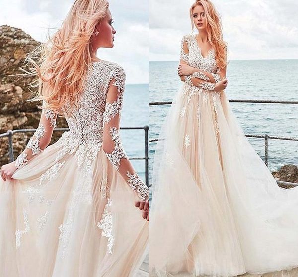 

урожай летняя линия свадебные платья кружева аппликация sheer с длинным рукавом v шеи дешевые vestios de novia bohemian свадебные платья bm1, White