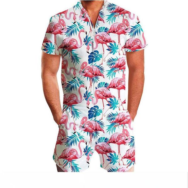 

flamingos floral print rompers men 3d funny graphic short sleeve jumpsuit mens playsuit overalls summer casual one piece outfits, Black