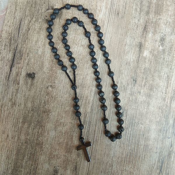 

women men jewelry hand-knitted lava stone beads rosary prayer hematite cross pendant nature volcanic rock stone necklace, Silver