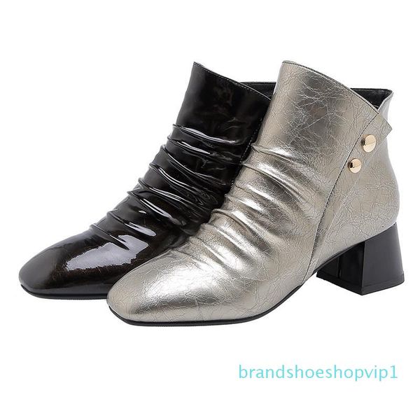 

morazora 2020 genuine leather shoes women ankle boots rivet zipper autumn square heel dress shoes woman short boots, Black