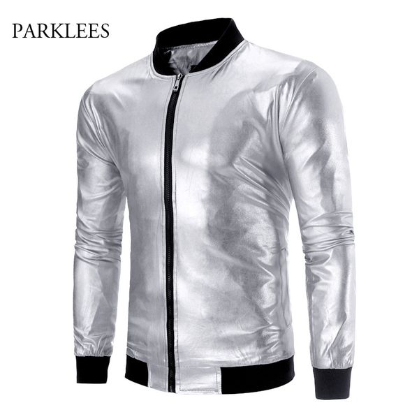 

silver metallic jacket men shiny glitter bronzing zipper casaco masculino casual bomber jackets mens nightclub stage dj clothes, Black;brown