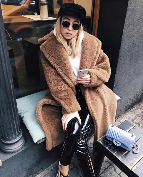 

new european and american wind long style thick lapel lamb coat casual women apparel women fashion designer, Black
