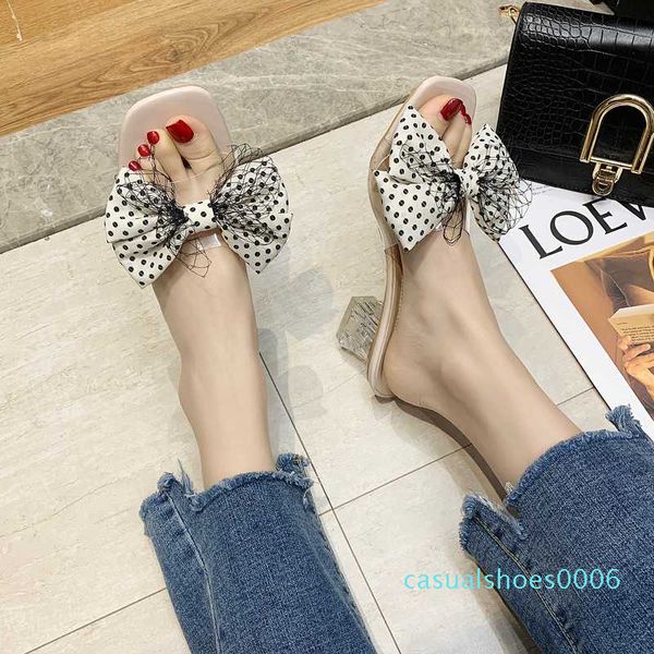 

dot bow pvc high heel slippers women open toe clear heel sandals women shoes summer outdoor transparent sandals 2020 c06, Black