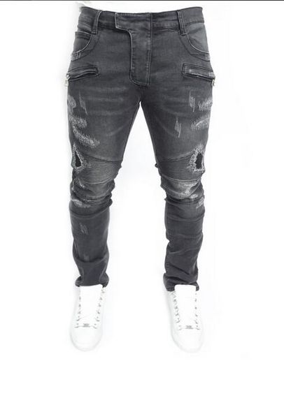 

2016 men's black destroyed & distressed biker jeans regular mid jeans black plus size basic full lengh pencil zipper jeans(-5l, Blue