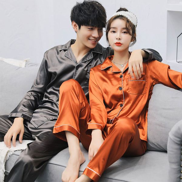 

couple pajamas set spring and autumn satin silk lover pyjamas long sleeve sleepwear men and women nightgown home clothing, Blue;gray