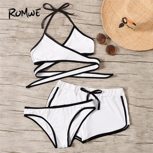 

romwe sport contrast piping wrap halter bikini set with shorts 3pack women summer knot beach vacation swimwear 3 colors