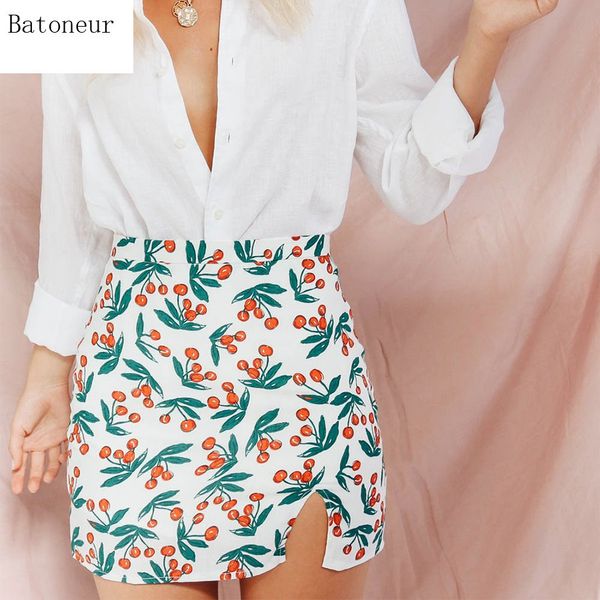 

women split pencil skirt women cherry print package hip bottom skirt casual summer high waist short, Black