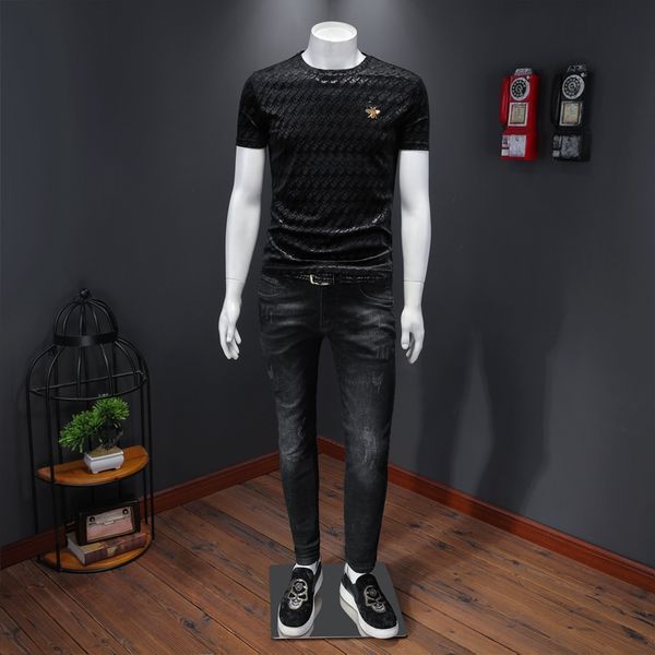 

version 2020 fashion men's men's casual short-sleeved t-shirt tide brand wild embossed new of the compassionate korean trend slim, Black