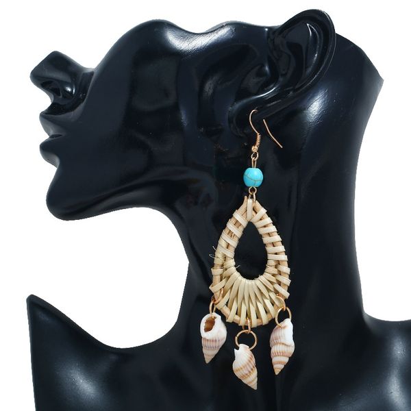

new style hand-woven natural bamboo weaving earrings western style turquoise conch pendant ear stud women's