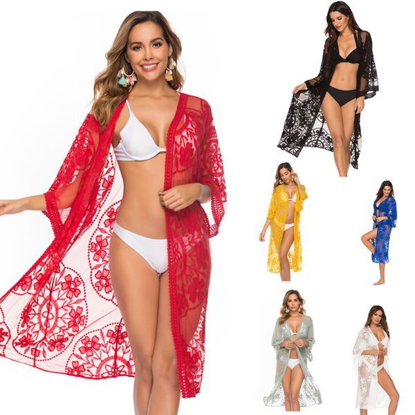 

summer beach dress women swimsuit cover up ladies long beach wear red lace sleeve mesh coverups donna vestidos para playa mujer
