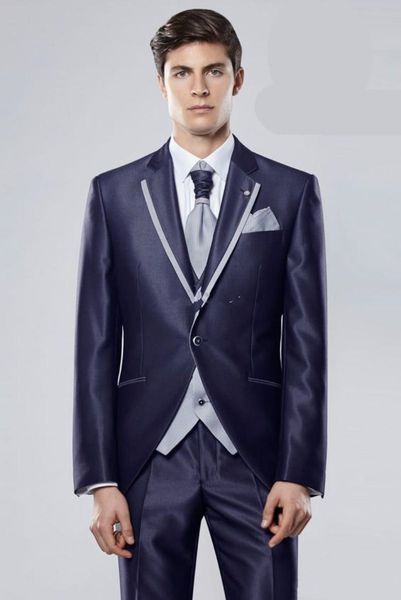 New Slim Fit Um Botão Brilhante Da Marinha Azul Casamento Noivo Smoking Pico Lapela Groomsmen Homens Ternos Blazer Prom (Jacket + Pants + colete + Gravata)