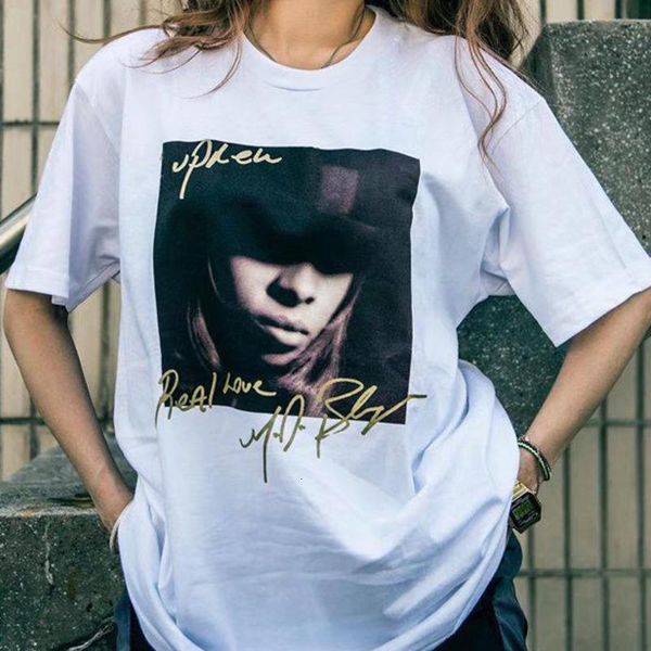 

19fw box logo mary.j blige signature printing t-shirt fashion street men women hip-hop short sleeve o-neck summer tee hfhltx030, White;black