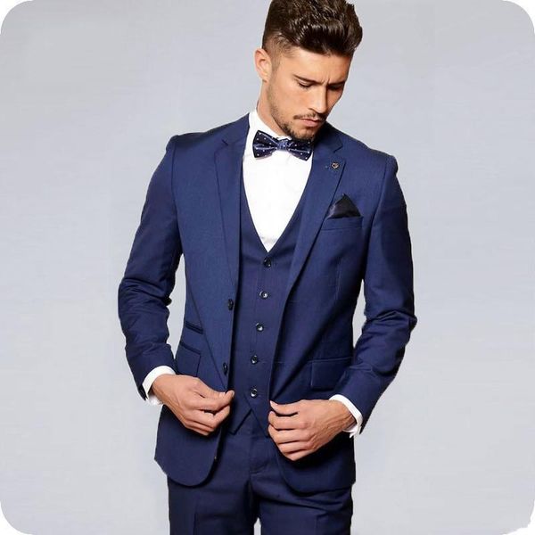 Hübscher dunkelblauer Bräutigam-Smoking mit Reverskragen, Herren-Hochzeitskleid, modischer Herren-Jacken-Blazer, 3-teiliger Anzug (Jacke + Hose + Weste + Krawatte) 779