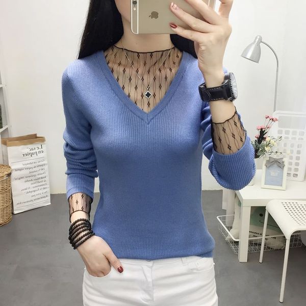 

2019 women autumn lace v- neck shirt long sleeve knitted sweater female patchwork gauze all-match slim knitted sweater, White;black
