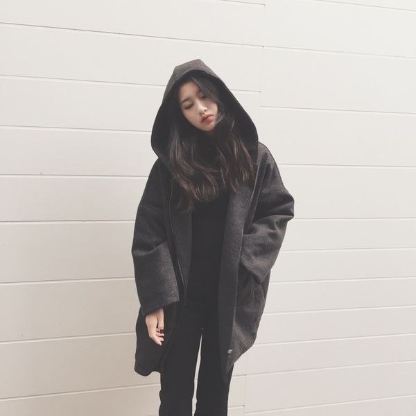 

new autumn winter woman long woolen coat korean style hooded solid woolen fashion cloak type loose coat, Black