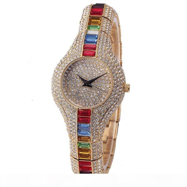 

new rainbow full diamond watch women waterproof calendar platinum luxurious watch hip hop iced out wrist watch, Slivery;brown