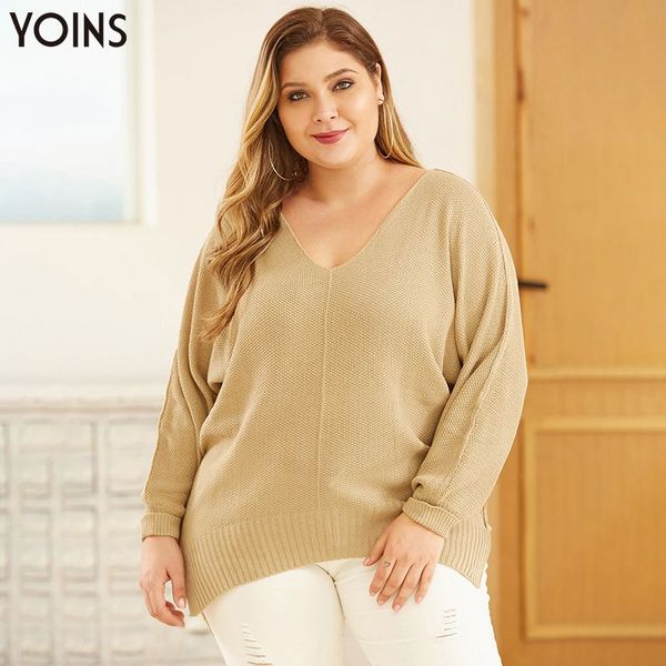 

yoins plus size women casual loose sweater 2019 spring autumn jumpers v neck long sleeves knitwear split hem pullovers, White;black