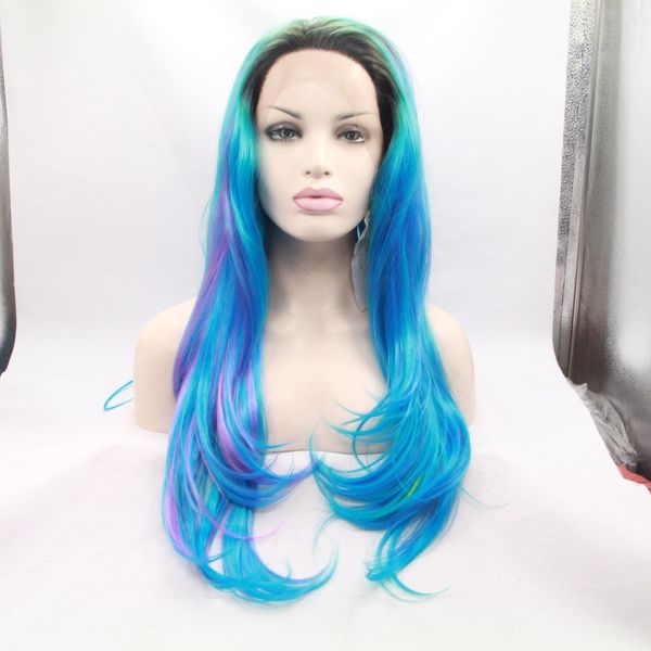 

elling long natural wave synthetic lace front heat resistant ombre pink to blue glueless natural hairline wig for women, Black;brown