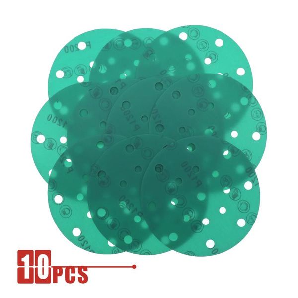 

10pcs 6 inch 17 holes 60 to 2000 grits hook and loop pet film green sandpaper sanding disc