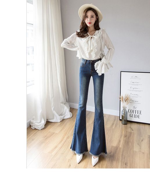 

темно-синий tall талии клеш джинсы женский ins мокрые штаны, Blue