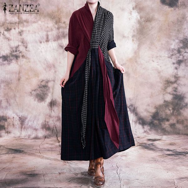 

zanzea 2020 женская осень проверить платье урожай лоскутная сарафане casual v шеи нерегулярные maxi vestidos plus размер туники robe 5xl, Black;gray