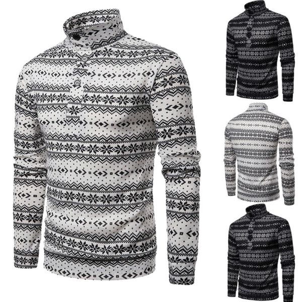 

2018 winter christmas snowflake coloured men high collar sweater casual long sleeve button pullover jumper sweater top, White;black