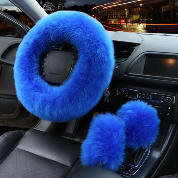 

universal car blue steering wheel plush cover woolen gear knob brake 3pc set