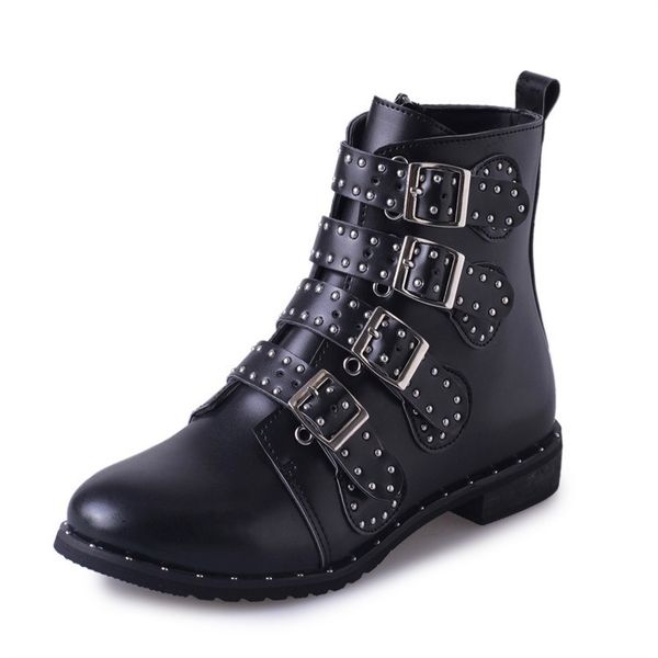 

2020 женщины boots шипованная boots женщины кожа pu заклепки пинетки пряжки ремни черный голеностопного зима ботинка zapatos mujer, Black