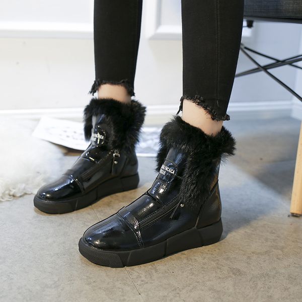 

new style casual cotton-padded shoes with velvet round-toe semi-high heeled flat side zipper waterproof short boots, Black