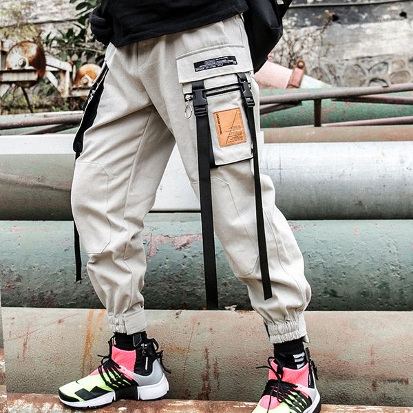 

dropshipping 2019 spring high street muti pockets straps cargo mens joggers, Black