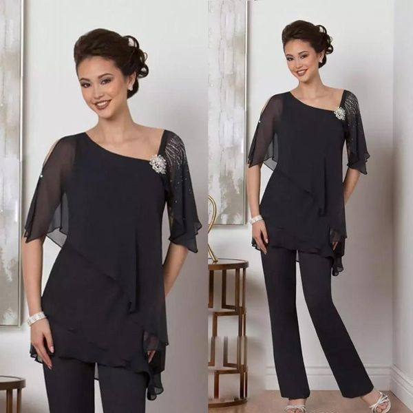 

black two pieces mother of the bride pant suits with half sleeves beaded wedding guest dresses chiffon plus size formal dress, Black;red