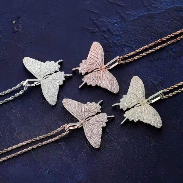 

iced out butterfly pendant necklaces for men women luxury designer pink bling diamond animal pendants gold chain necklace couple jewelry, Silver